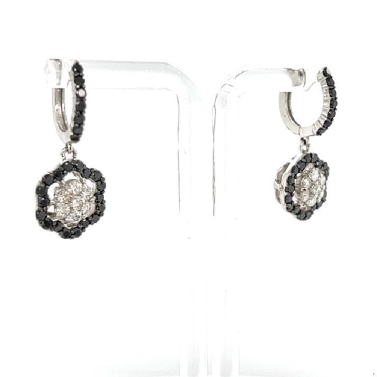 2.63 Carat Black Diamond White Diamond 14 Karat White Gold Dangle Earrings