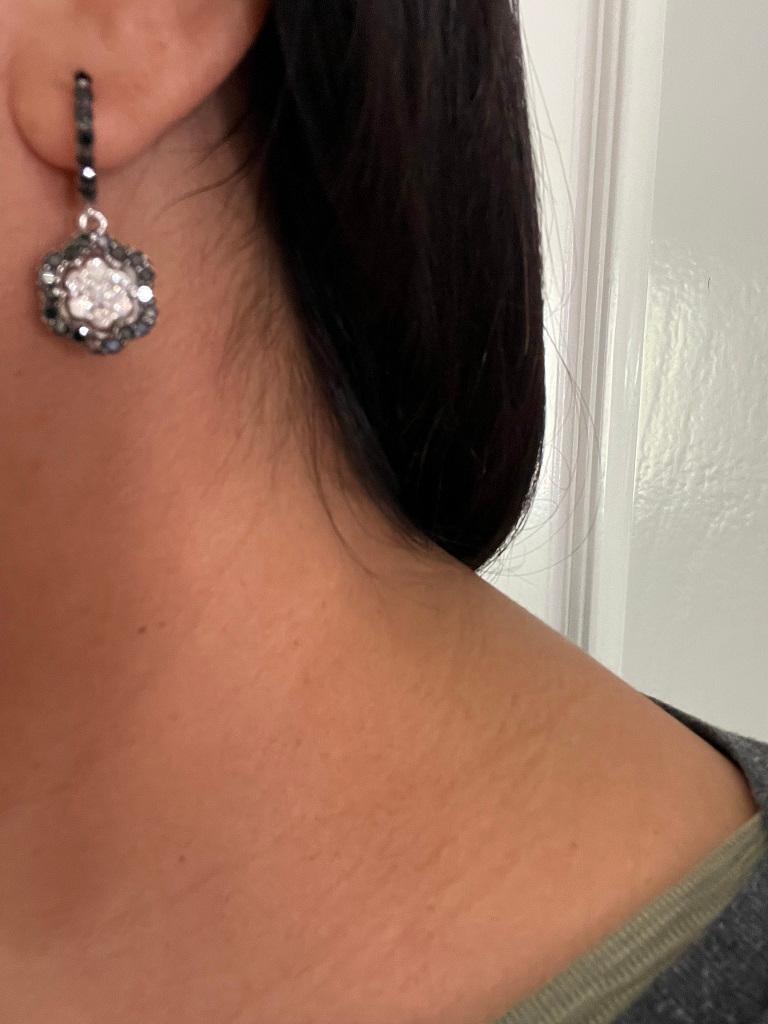 2.63 Carat Black Diamond White Diamond 14 Karat White Gold Dangle Earrings