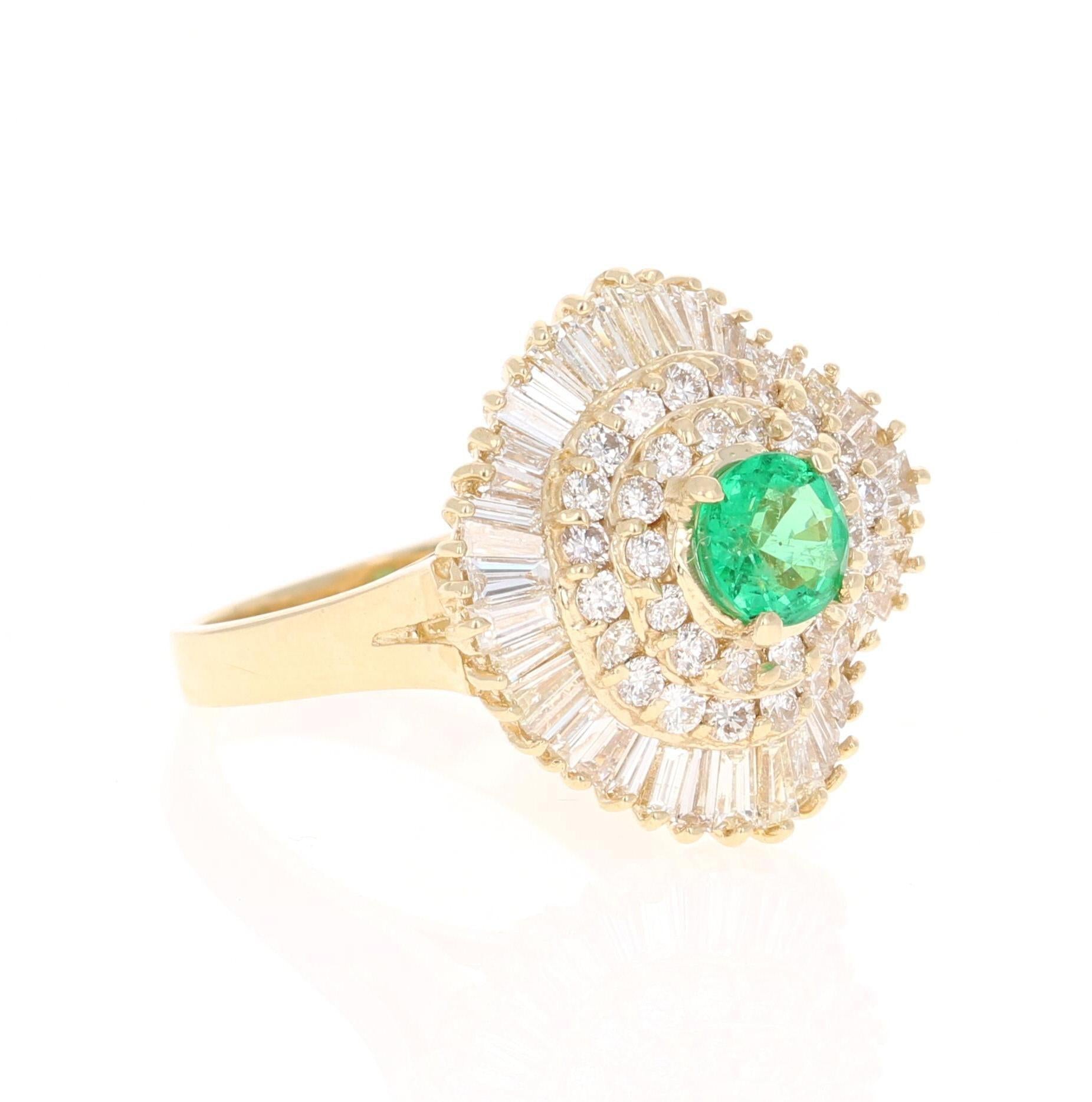 2.64 Carat Emerald Diamond 14 Karat Yellow Gold Ballerina Ring