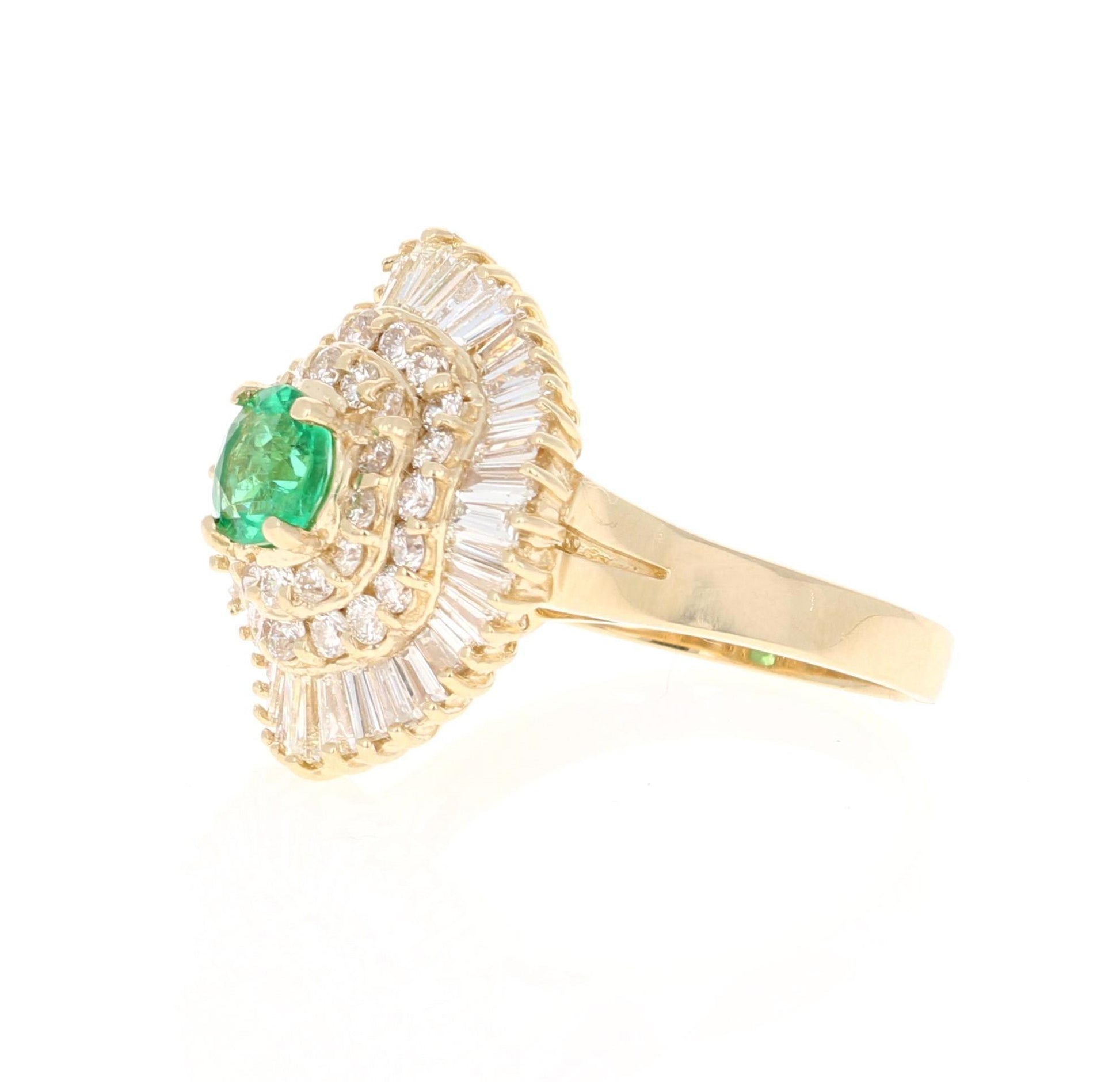 2.64 Carat Emerald Diamond 14 Karat Yellow Gold Ballerina Ring