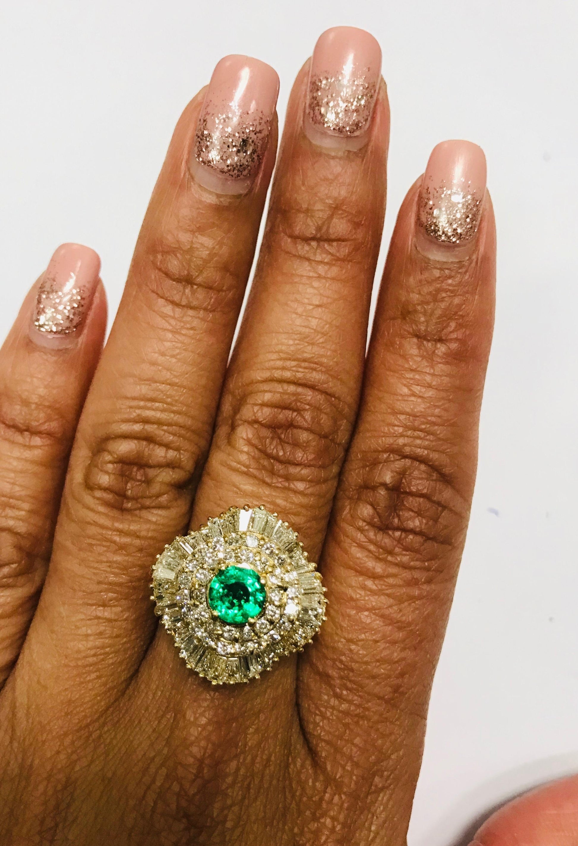 2.64 Carat Emerald Diamond 14 Karat Yellow Gold Ballerina Ring