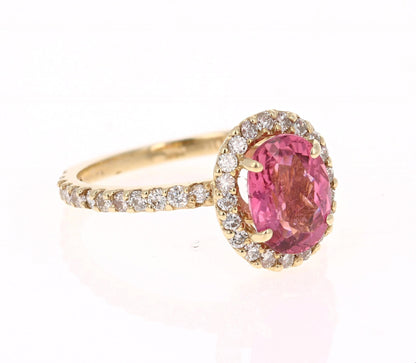 2.66 Carat Pink Tourmaline Diamond 14 Karat Yellow Gold Ring