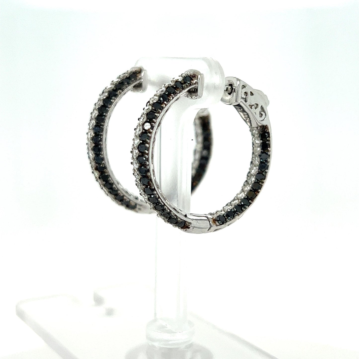 2.75 Carat Black Diamond White Diamond White Gold Hoop Earrings