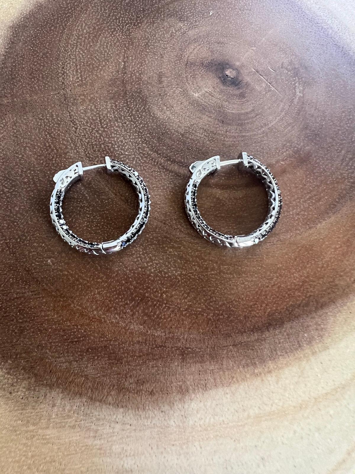 2.75 Carat Black Diamond White Diamond White Gold Hoop Earrings