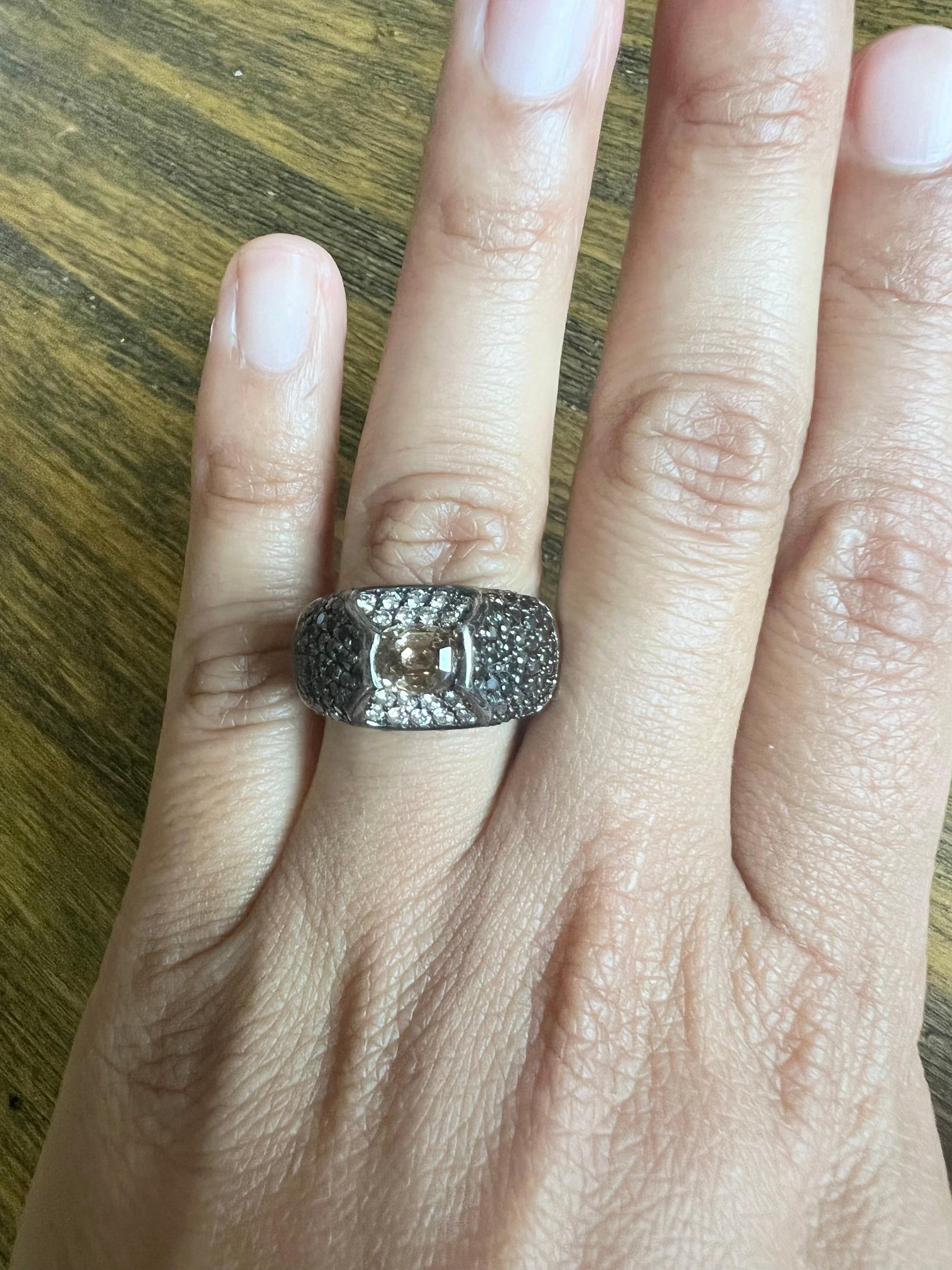 2.76 Carat Black Diamond Champagne Diamond White Gold Cocktail Ring