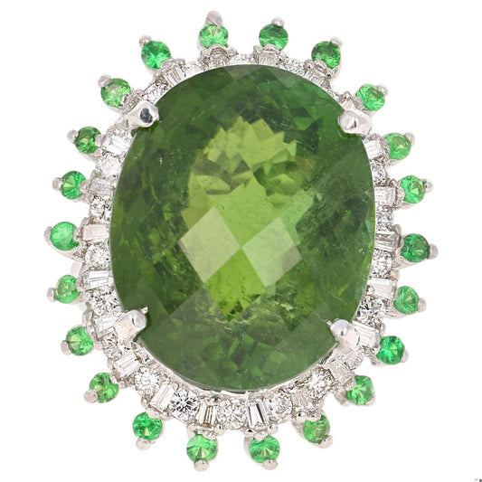 28.03 Carat Green Tourmaline Tsavorite Diamond 14 Karat White Gold Cocktail Ring