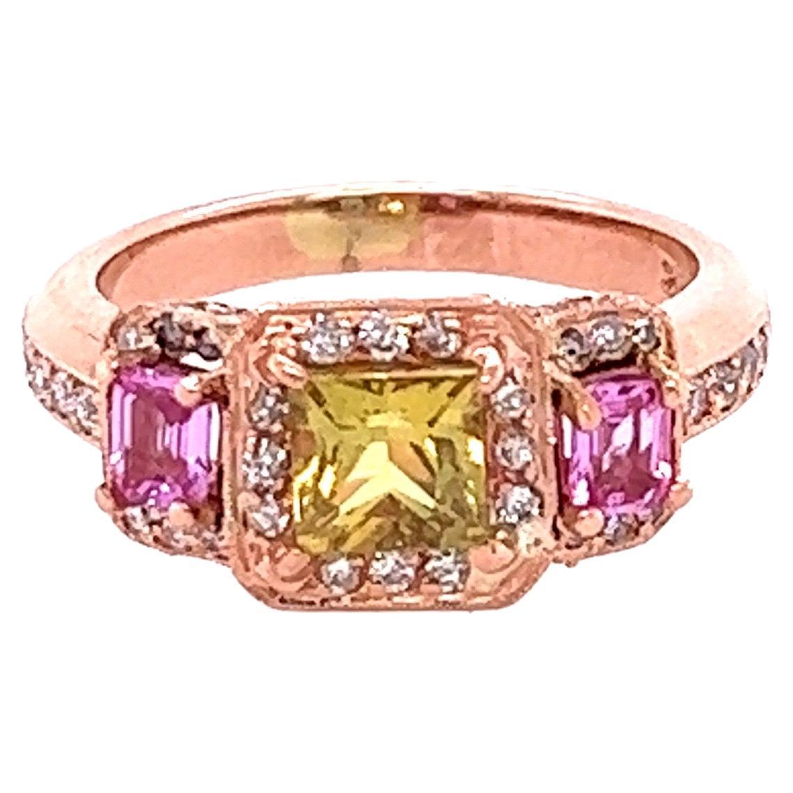2.83 Carat GIA Yellow Pink Sapphire Diamond Three Stone 14 Karat Rose Gold Ring