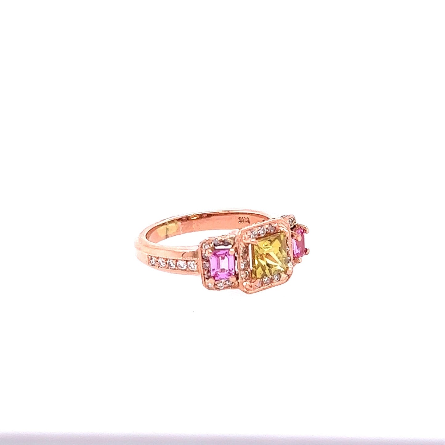 2.83 Carat GIA Yellow Pink Sapphire Diamond Three Stone 14 Karat Rose Gold Ring