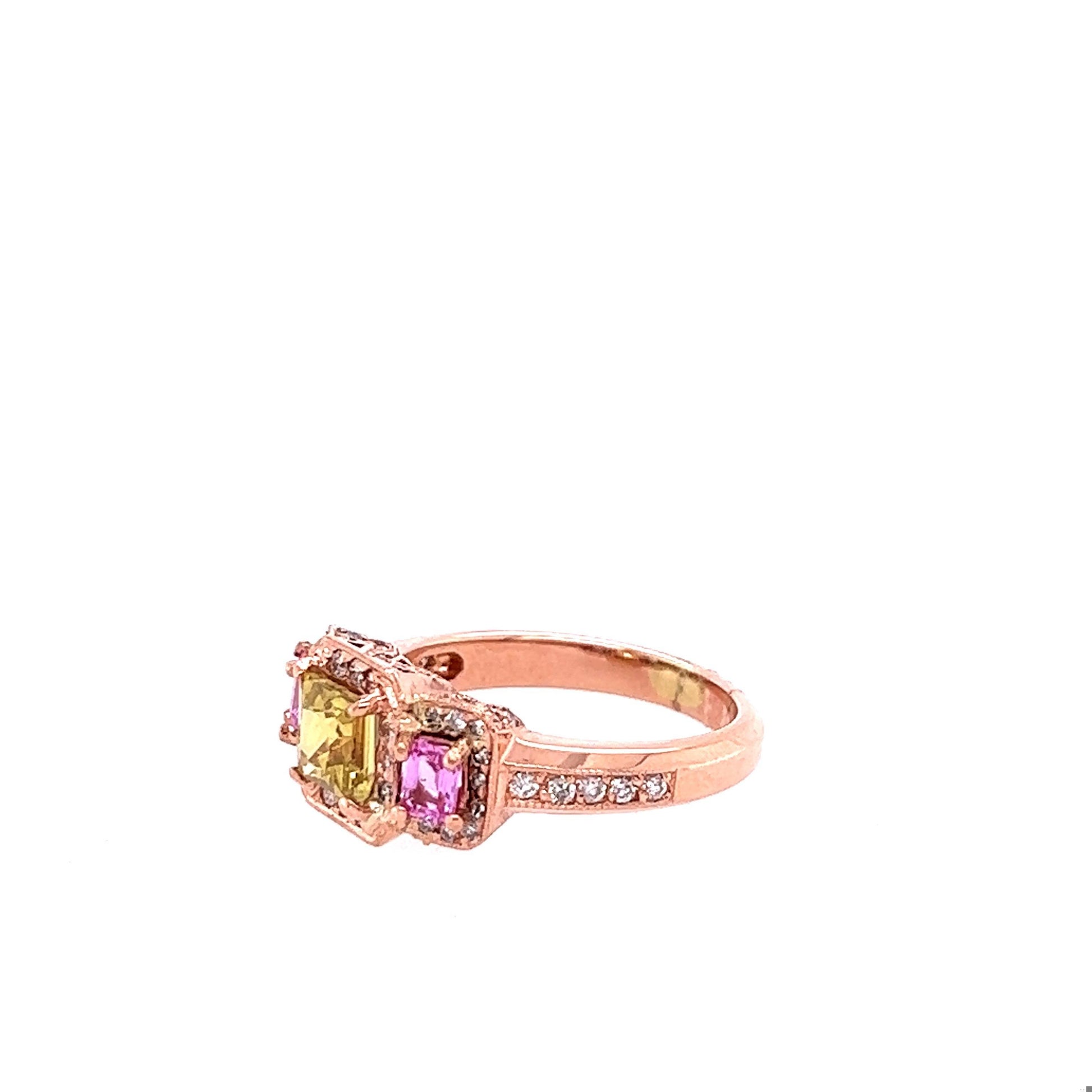 2.83 Carat GIA Yellow Pink Sapphire Diamond Three Stone 14 Karat Rose Gold Ring