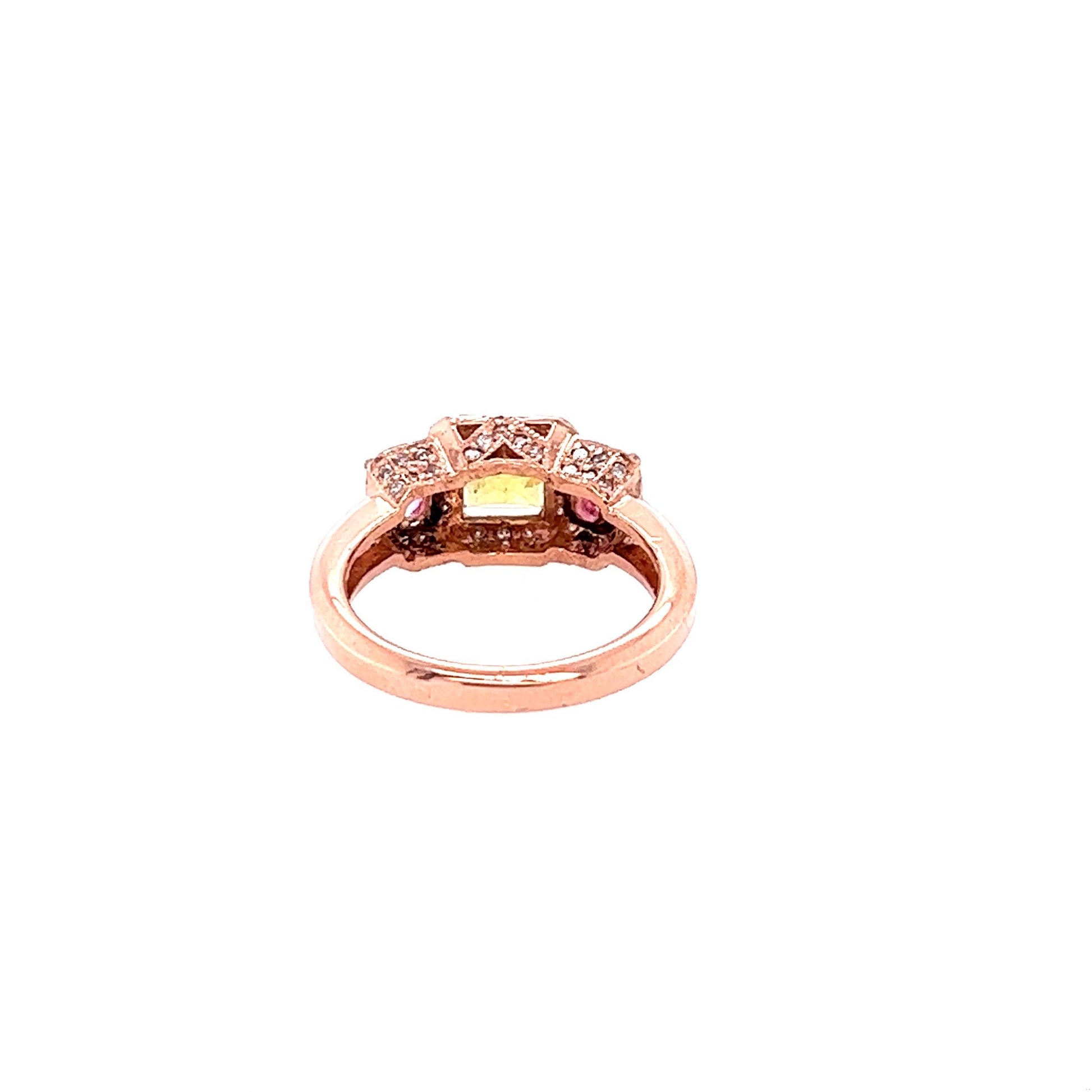 2.83 Carat GIA Yellow Pink Sapphire Diamond Three Stone 14 Karat Rose Gold Ring
