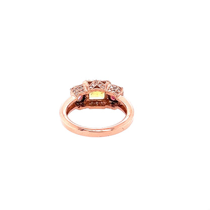 2.83 Carat GIA Yellow Pink Sapphire Diamond Three Stone 14 Karat Rose Gold Ring