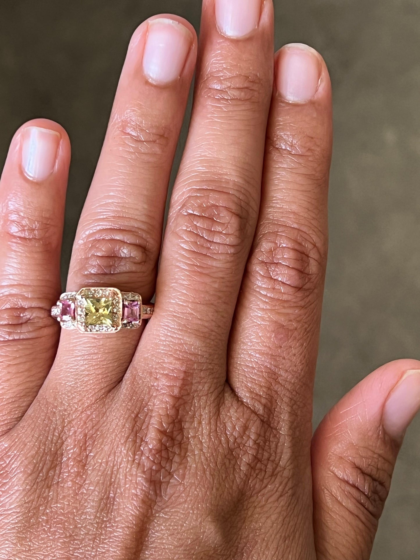 2.83 Carat GIA Yellow Pink Sapphire Diamond Three Stone 14 Karat Rose Gold Ring