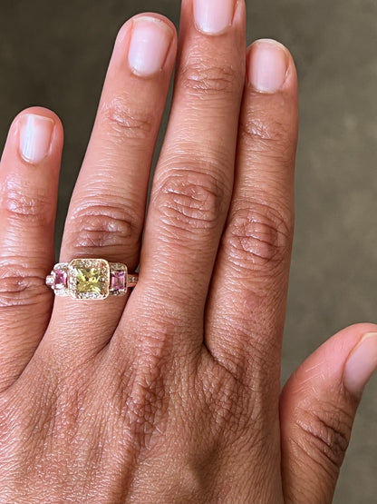2.83 Carat GIA Yellow Pink Sapphire Diamond Three Stone 14 Karat Rose Gold Ring