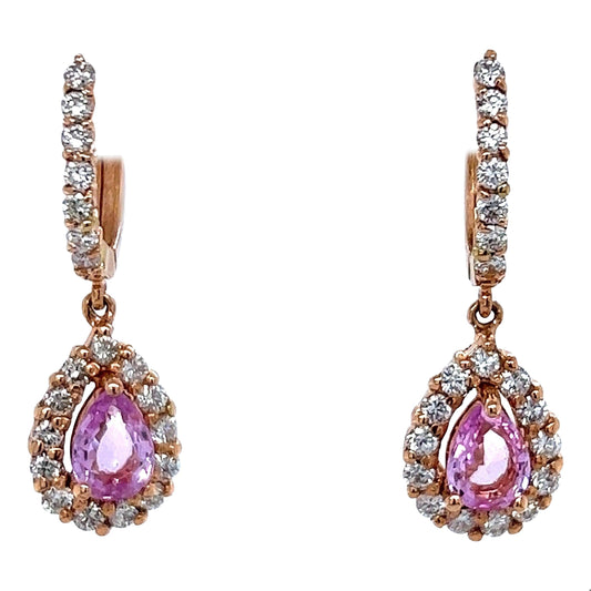 2.86 Carat Pink Sapphire Diamond Rose Gold Drop Earrings