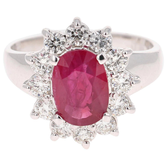 2.86 Oval Cut Ruby Diamond 14 Karat White Gold Ballerina Ring