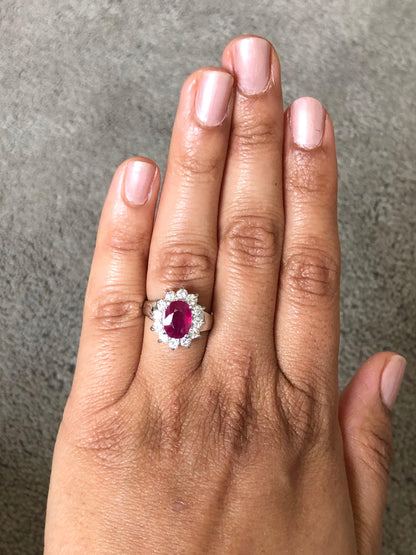 2.86 Oval Cut Ruby Diamond 14 Karat White Gold Ballerina Ring