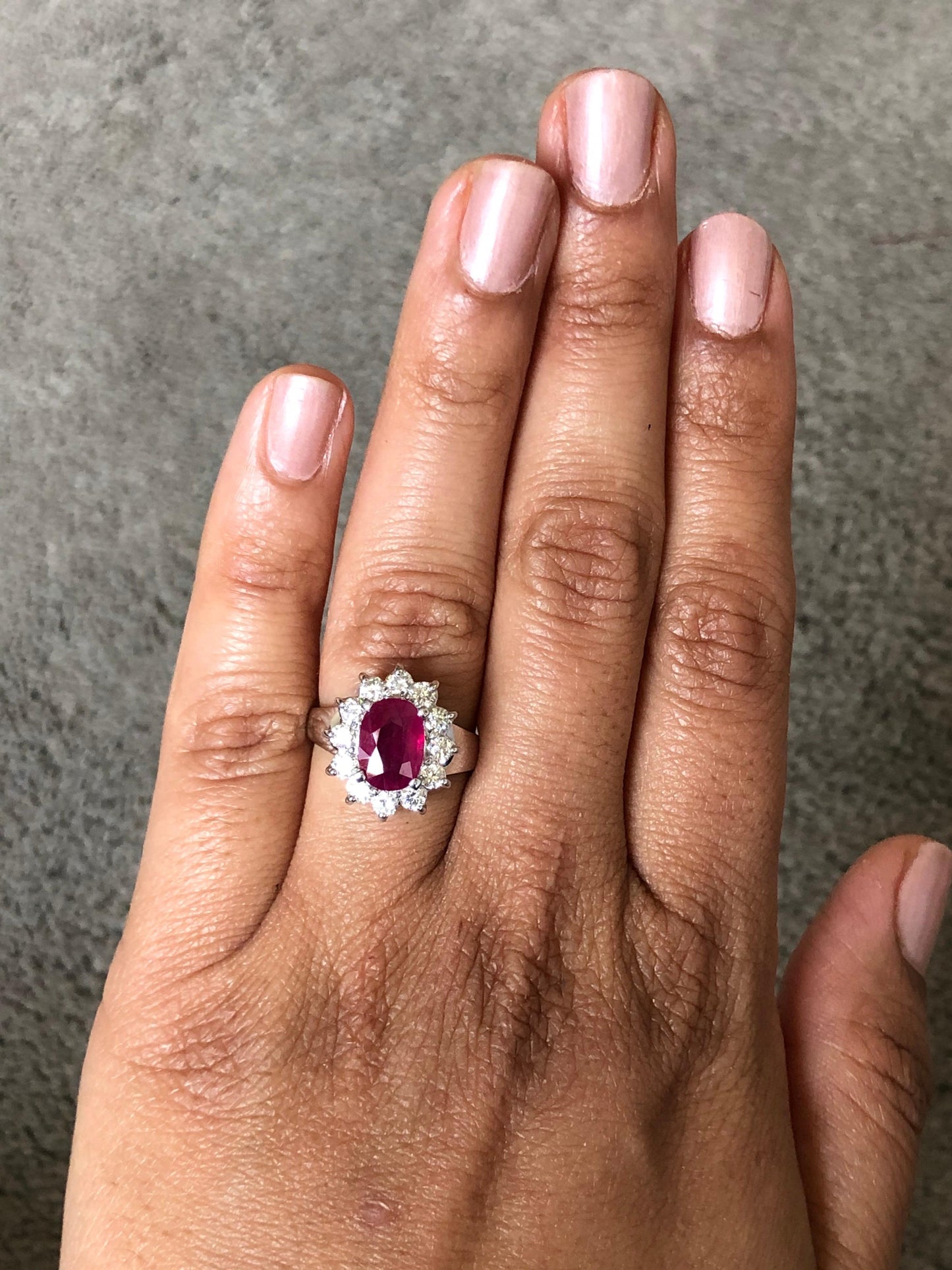 2.86 Oval Cut Ruby Diamond 14 Karat White Gold Ballerina Ring