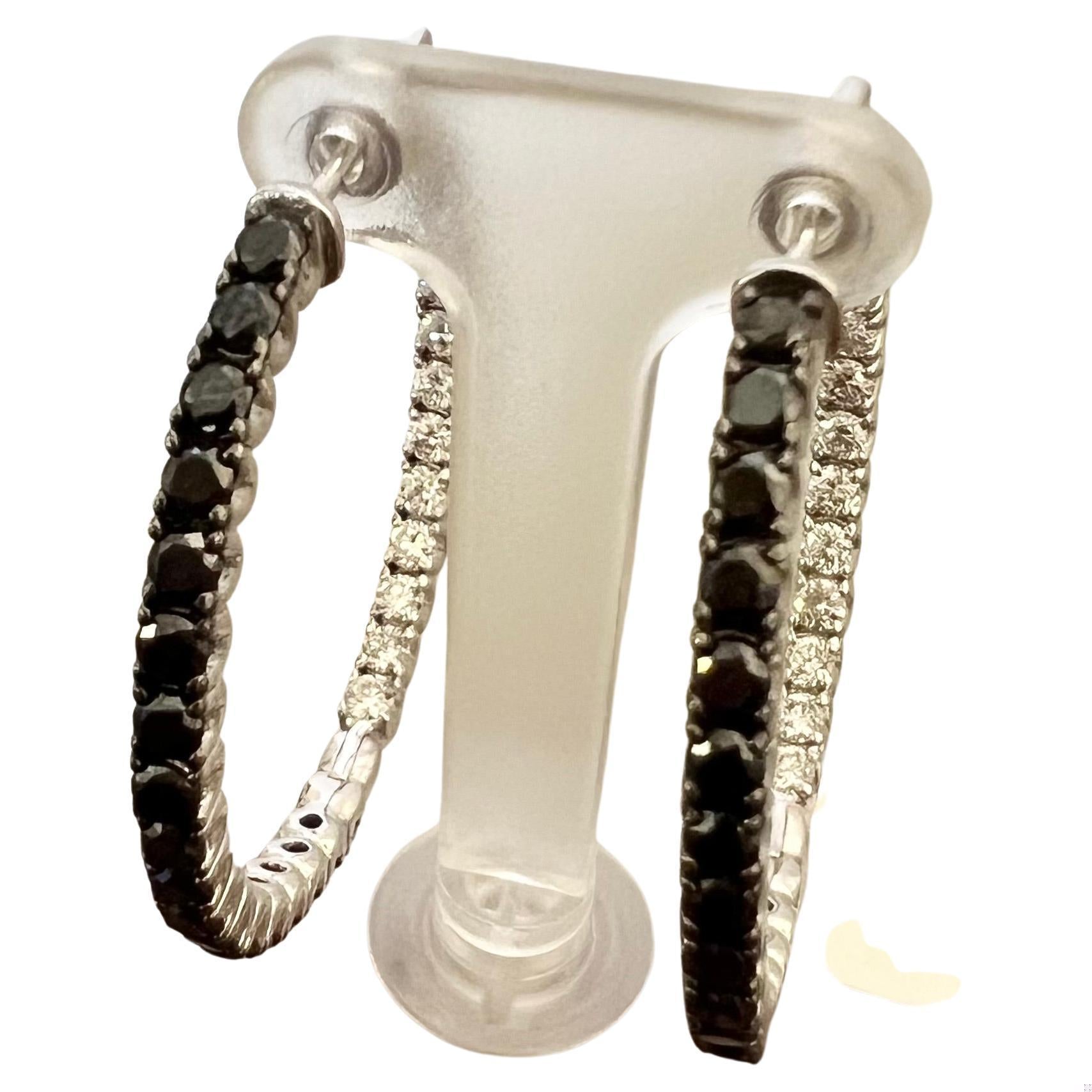 2.88 Carat Black Diamond White Diamond Hoop Earrings