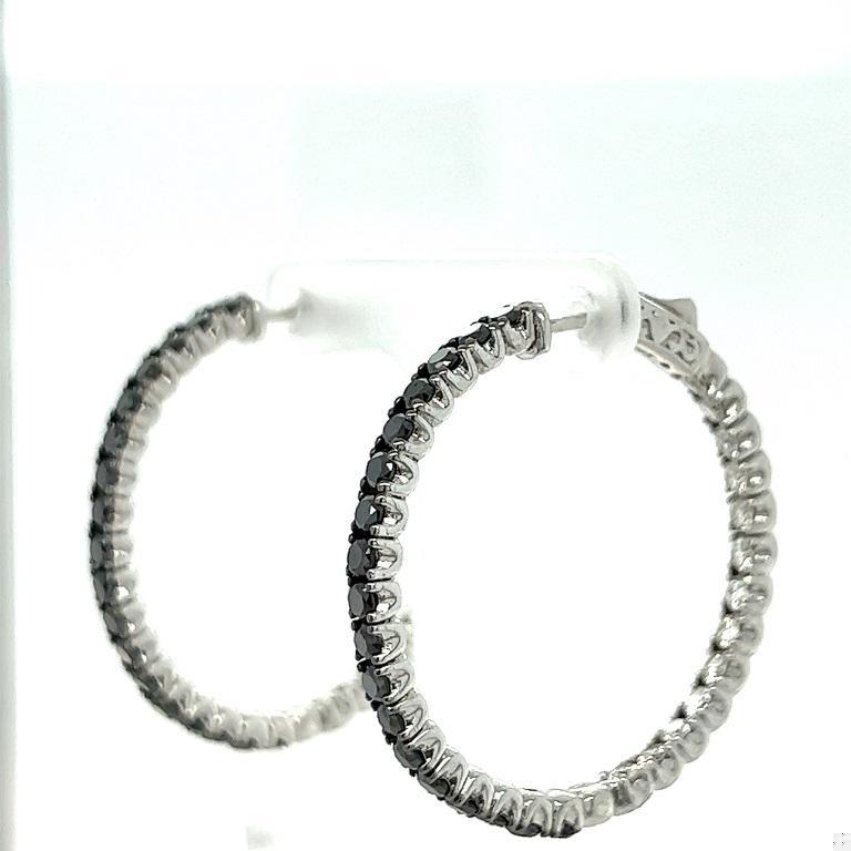 2.88 Carat Black Diamond White Diamond Hoop Earrings