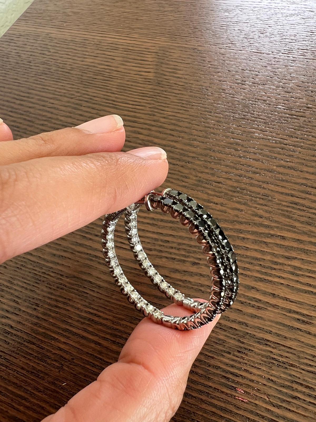 2.88 Carat Black Diamond White Diamond Hoop Earrings