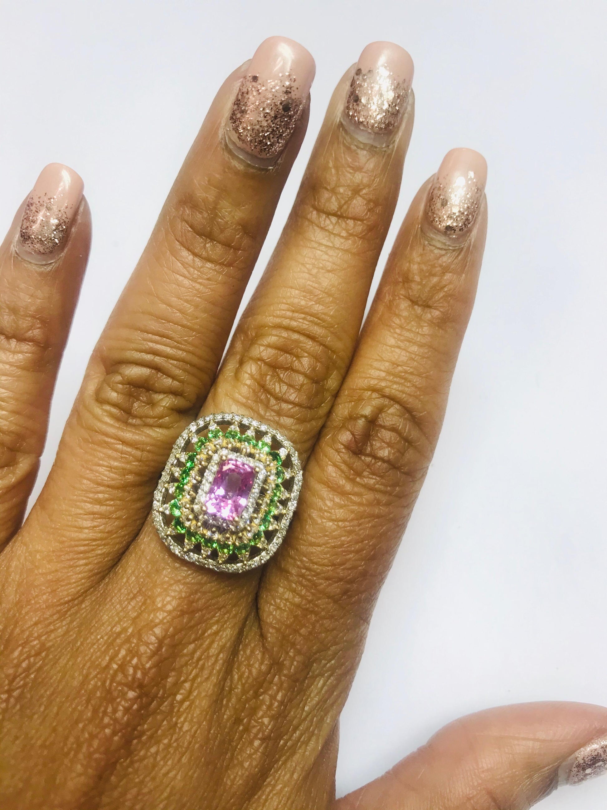 2.91 Carat Pink Sapphire Tsavorite Diamond 14 Karat White Gold Ring GIA Cert