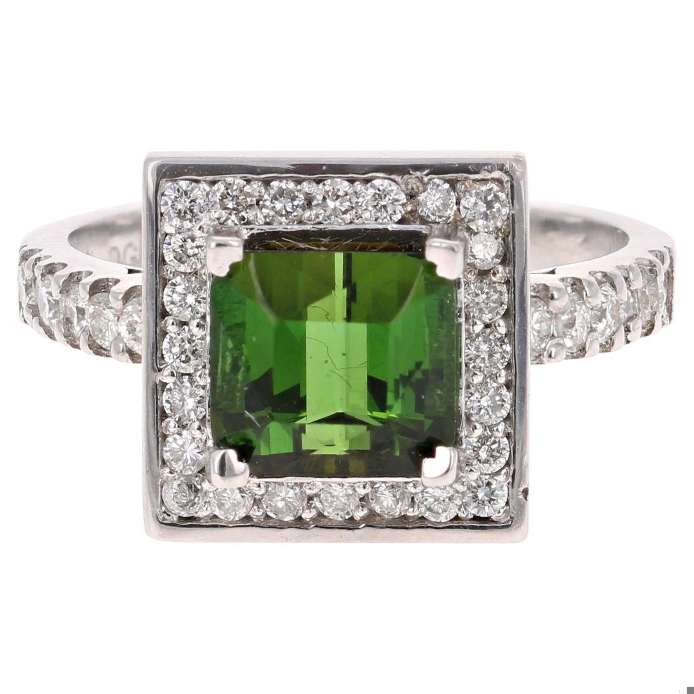 2.93 Carat Green Tourmaline Diamond White Gold Ring