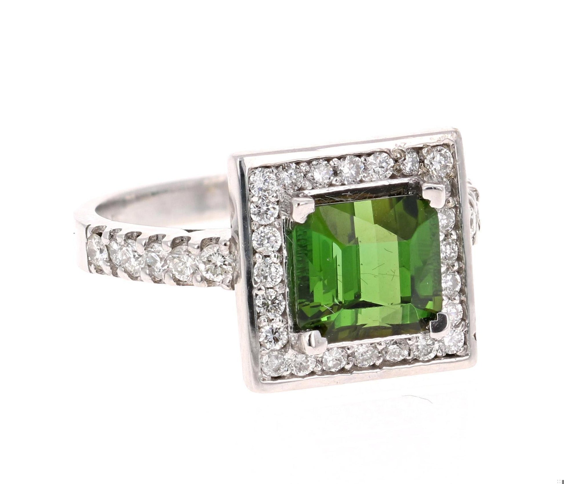 2.93 Carat Green Tourmaline Diamond White Gold Ring