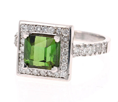 2.93 Carat Green Tourmaline Diamond White Gold Ring