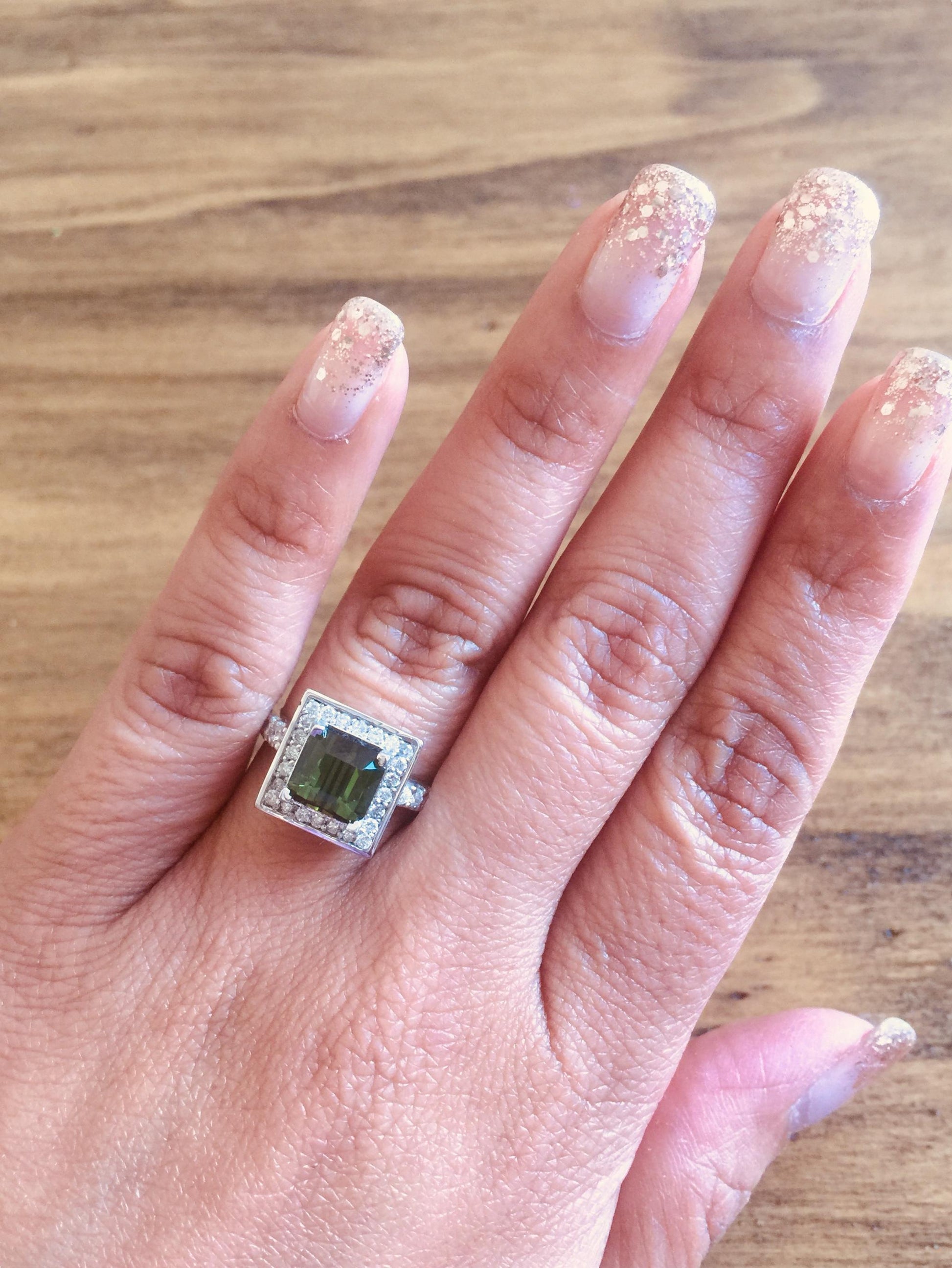 2.93 Carat Green Tourmaline Diamond White Gold Ring