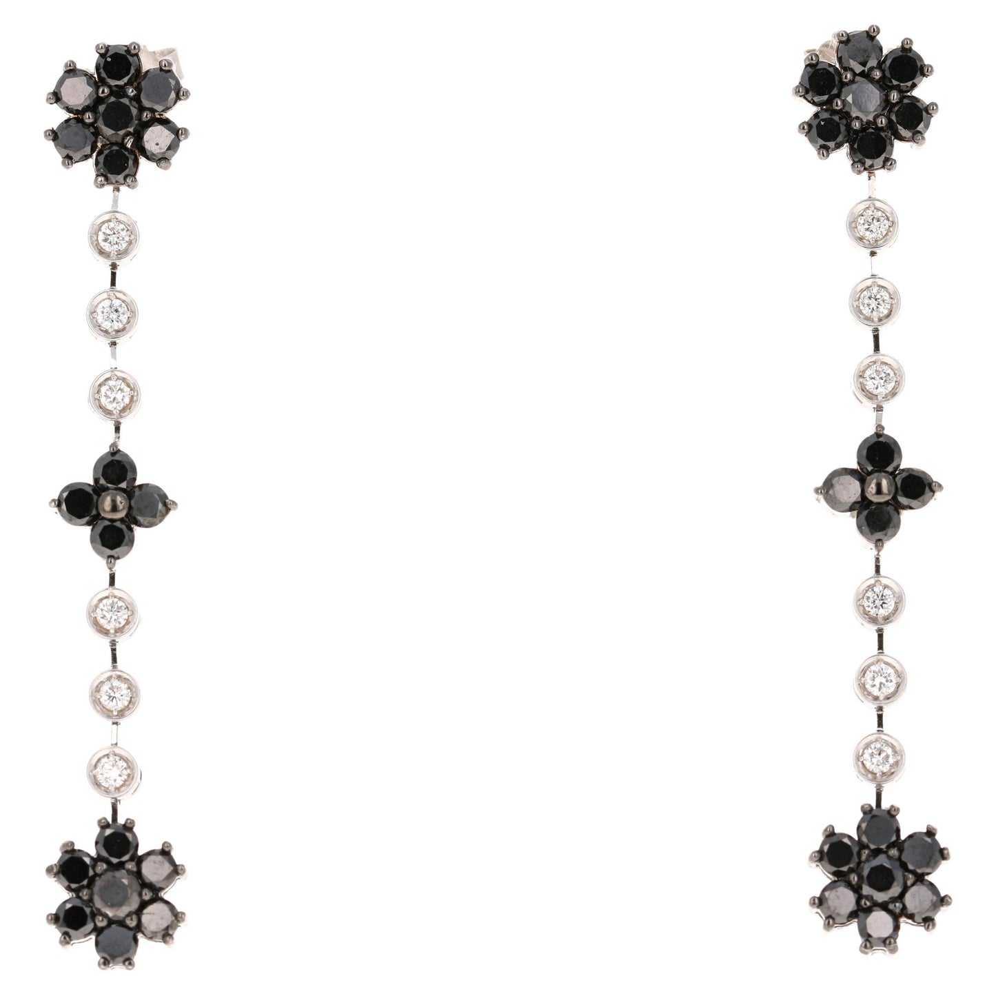 2.99 Carat Black Diamond White Diamond 14 Karat White Gold Dangle Earrings