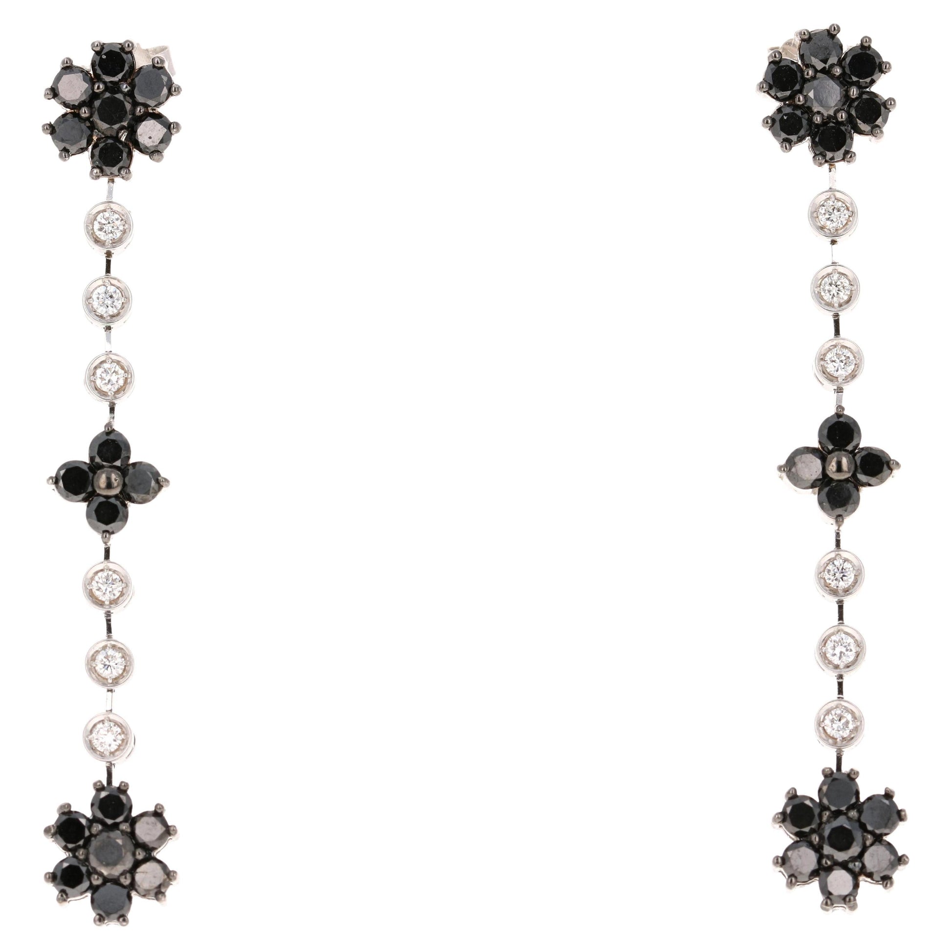 2.99 Carat Black Diamond White Diamond 14 Karat White Gold Dangle Earrings