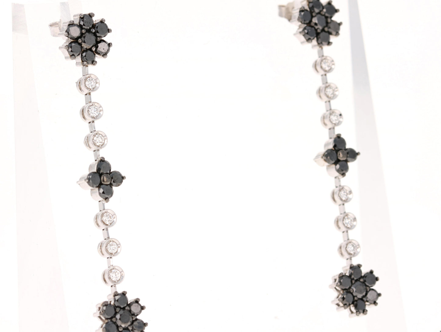 2.99 Carat Black Diamond White Diamond 14 Karat White Gold Dangle Earrings