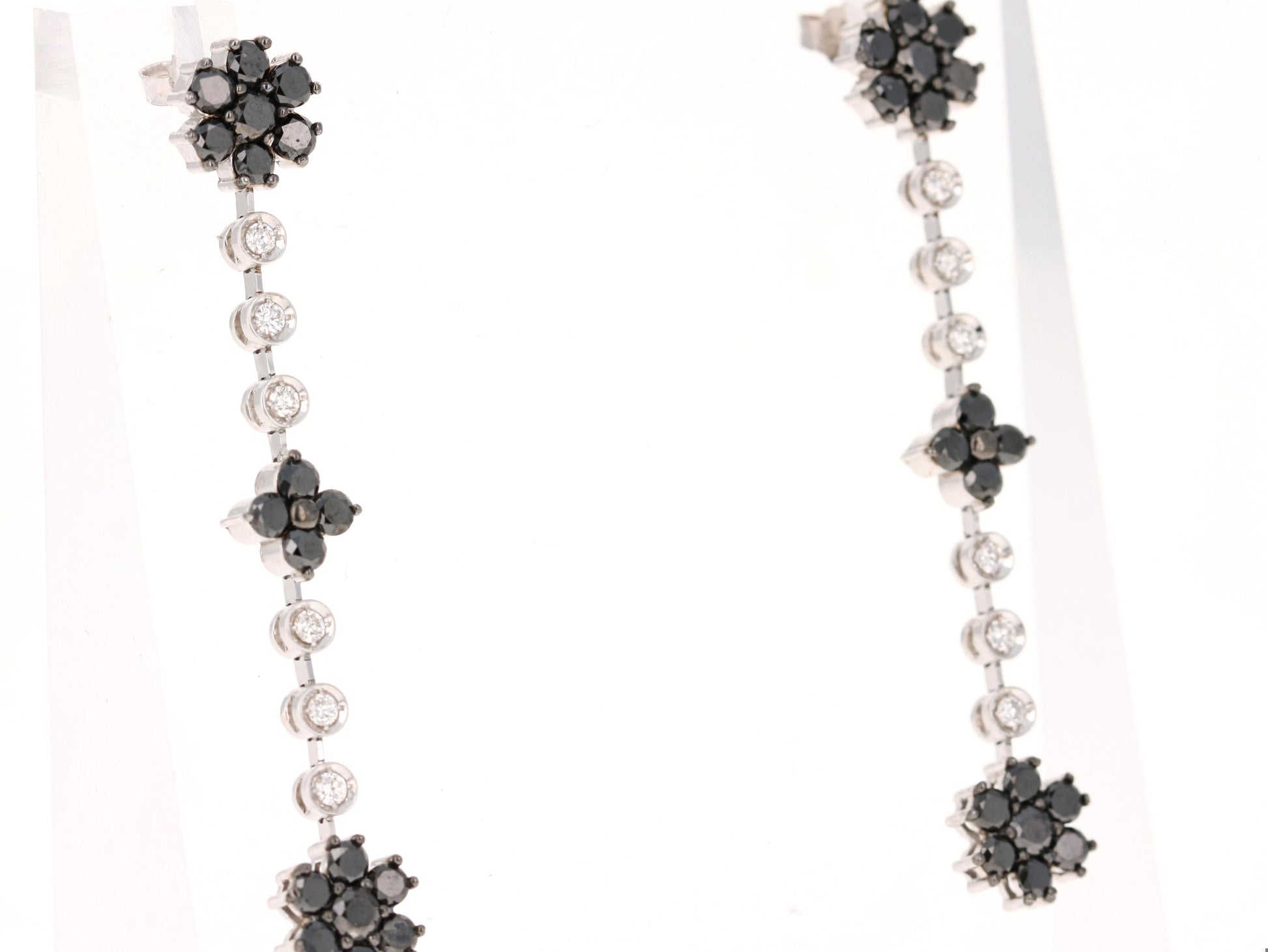 2.99 Carat Black Diamond White Diamond 14 Karat White Gold Dangle Earrings
