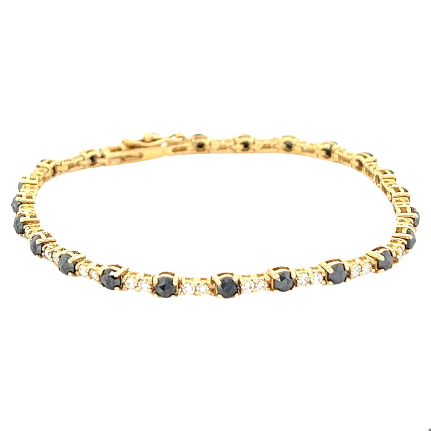 3.13 Carat Black Diamond White Diamond 14 Karat Yellow Gold Bracelet
