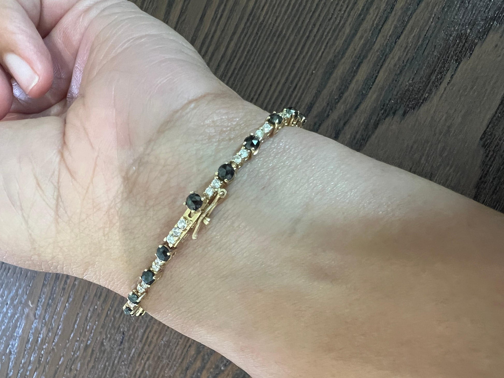 3.13 Carat Black Diamond White Diamond 14 Karat Yellow Gold Bracelet