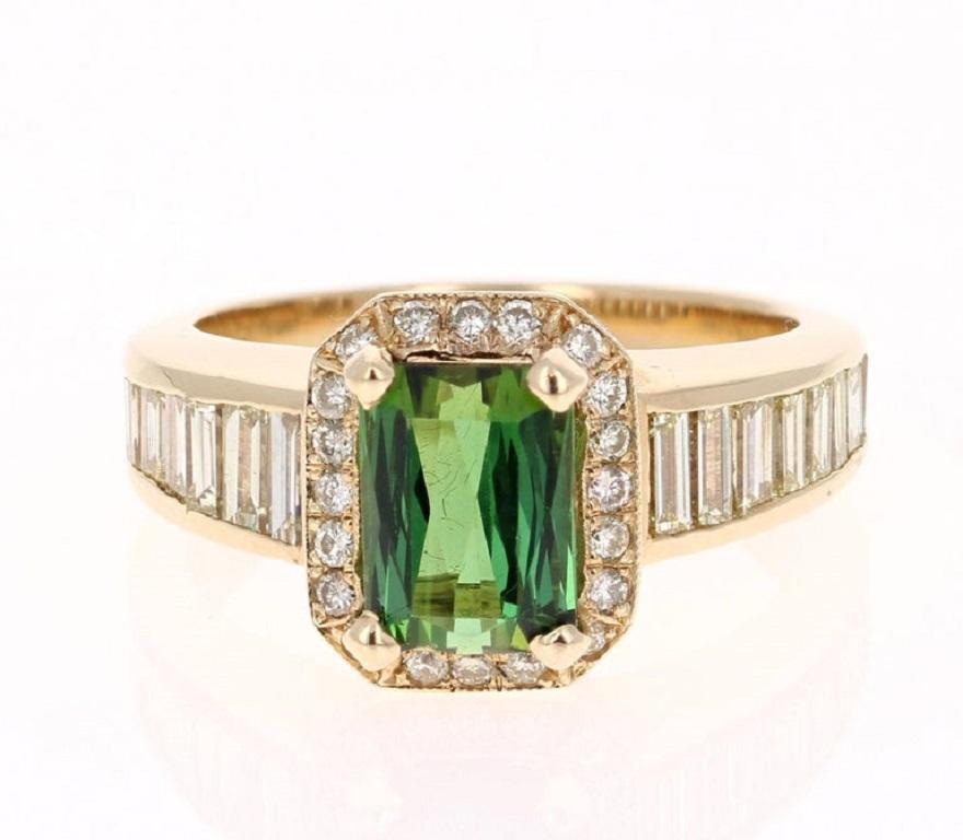 3.15 Carat Green Tourmaline Diamond 14 Karat Yellow Gold Ring