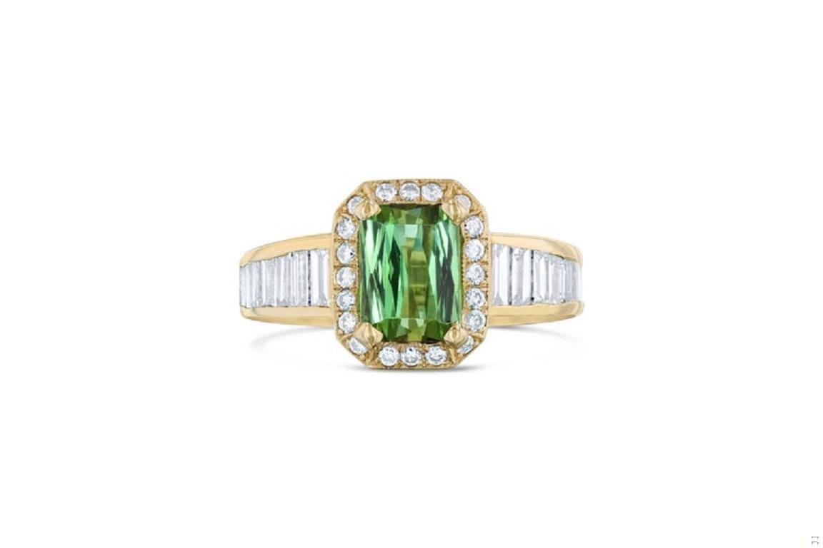 3.15 Carat Green Tourmaline Diamond 14 Karat Yellow Gold Ring