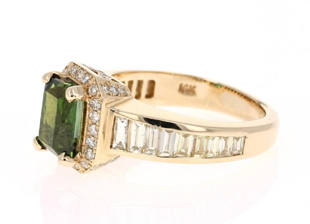 3.15 Carat Green Tourmaline Diamond 14 Karat Yellow Gold Ring