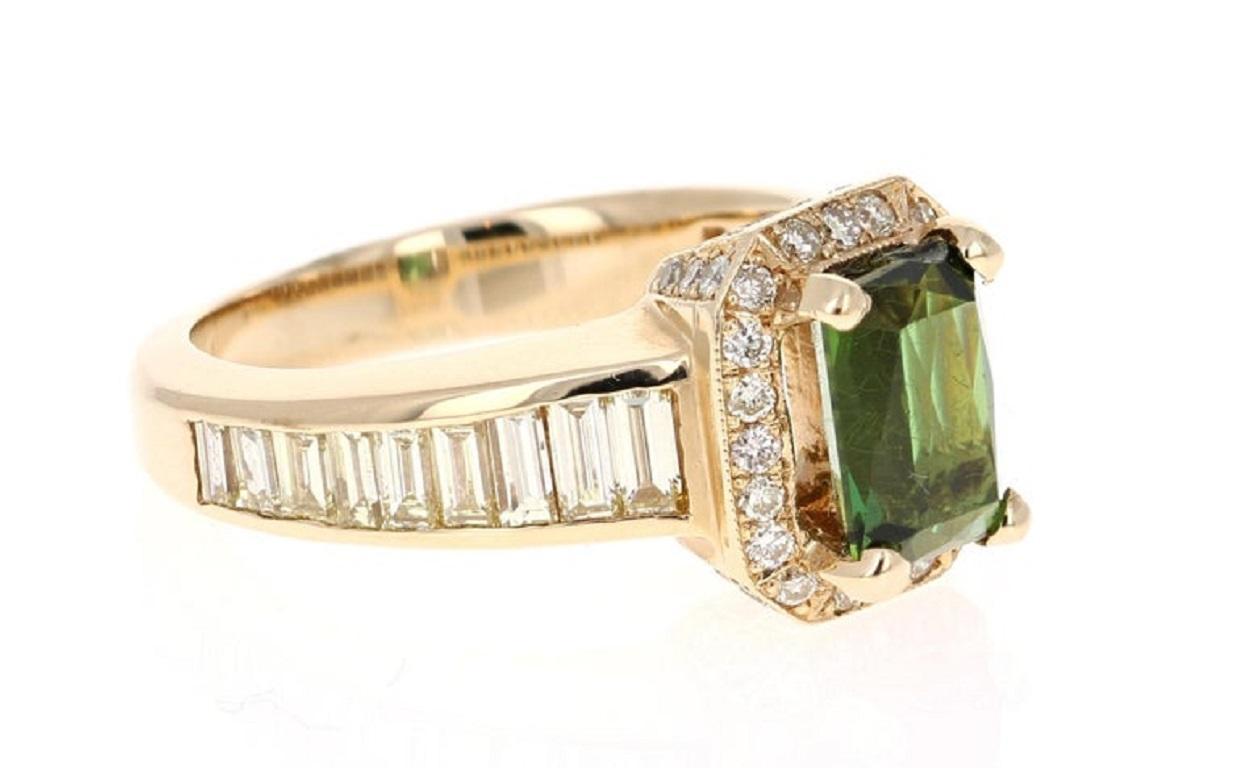3.15 Carat Green Tourmaline Diamond 14 Karat Yellow Gold Ring