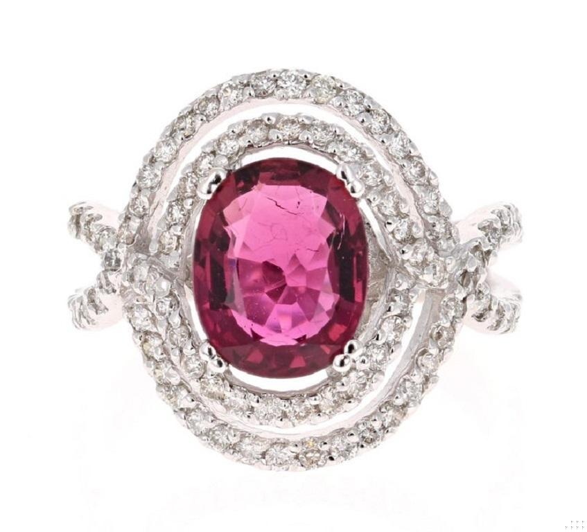 3.15 Carat Oval Cut Pink Tourmaline Diamond White Gold Cocktail Ring
