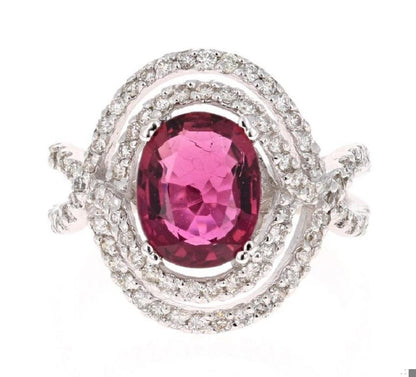 3.15 Carat Oval Cut Pink Tourmaline Diamond White Gold Cocktail Ring