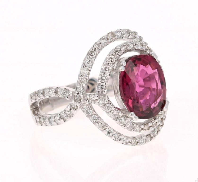 3.15 Carat Oval Cut Pink Tourmaline Diamond White Gold Cocktail Ring