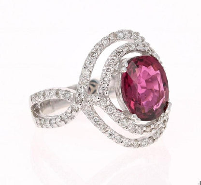 3.15 Carat Oval Cut Pink Tourmaline Diamond White Gold Cocktail Ring