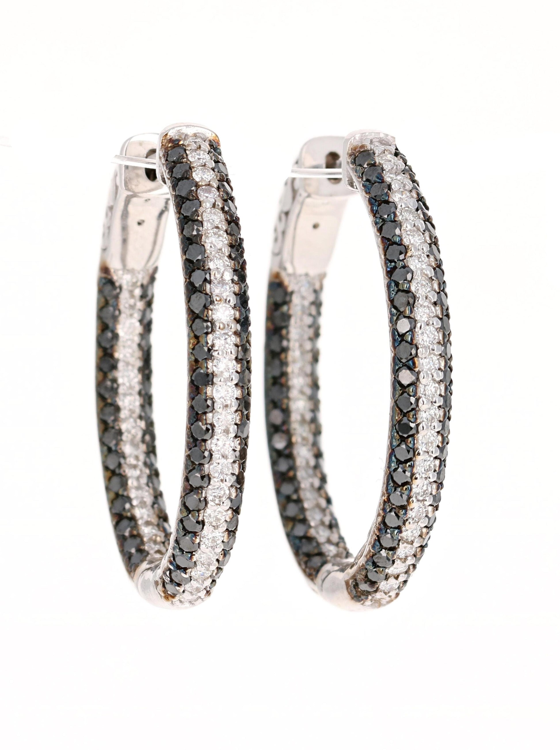 3.21 Carat Black Diamond White Diamond Hoop White Gold Earrings