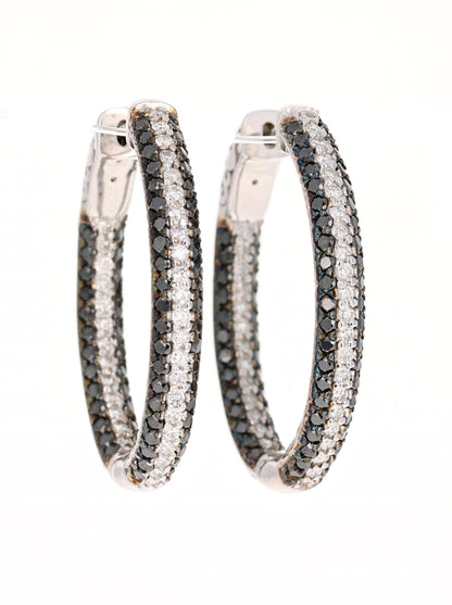 3.21 Carat Black Diamond White Diamond Hoop White Gold Earrings