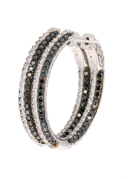 3.21 Carat Black Diamond White Diamond Hoop White Gold Earrings