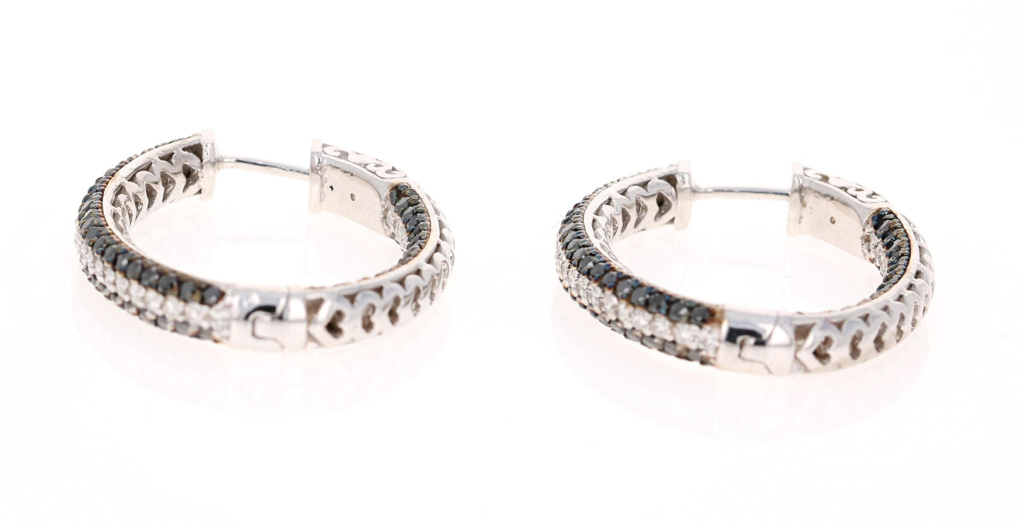 3.21 Carat Black Diamond White Diamond Hoop White Gold Earrings