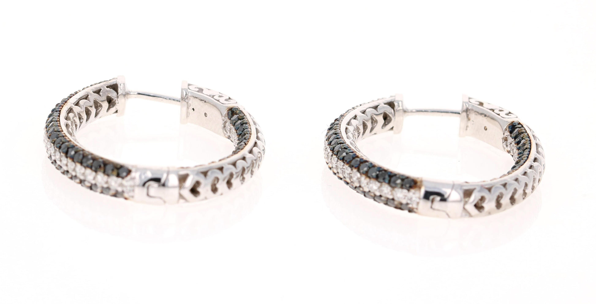 3.21 Carat Black Diamond White Diamond Hoop White Gold Earrings