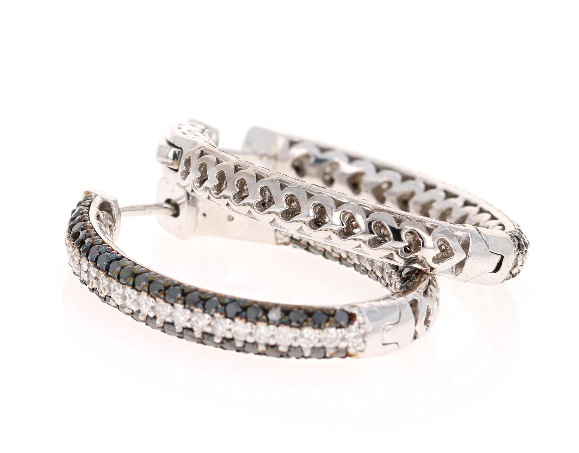 3.21 Carat Black Diamond White Diamond Hoop White Gold Earrings