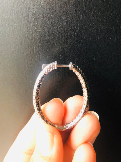 3.21 Carat Black Diamond White Diamond Hoop White Gold Earrings
